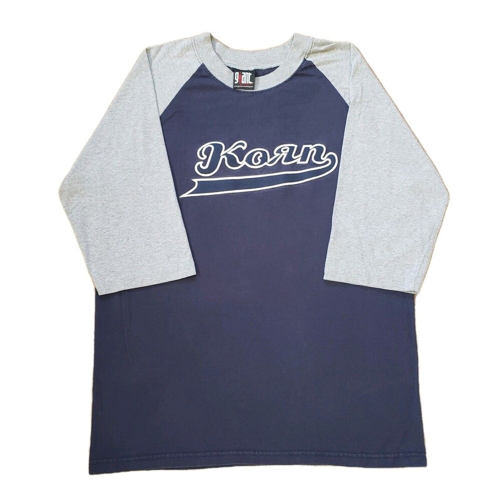 Vintage 90s Korn Embroidered Script Logo Sz Large Mens Raglan Shirt Giant Blue